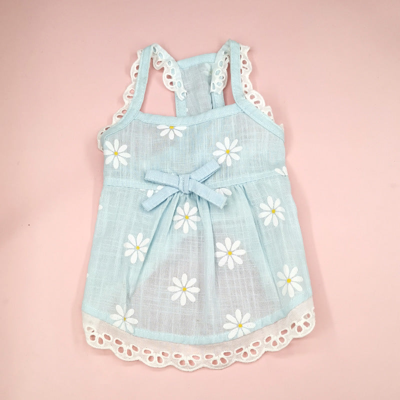 HKM-5211709 Lace Skirt for Dogs and Cats with Blue and Pink Sunflower Print, Cotton Material, Sizes XS-XL