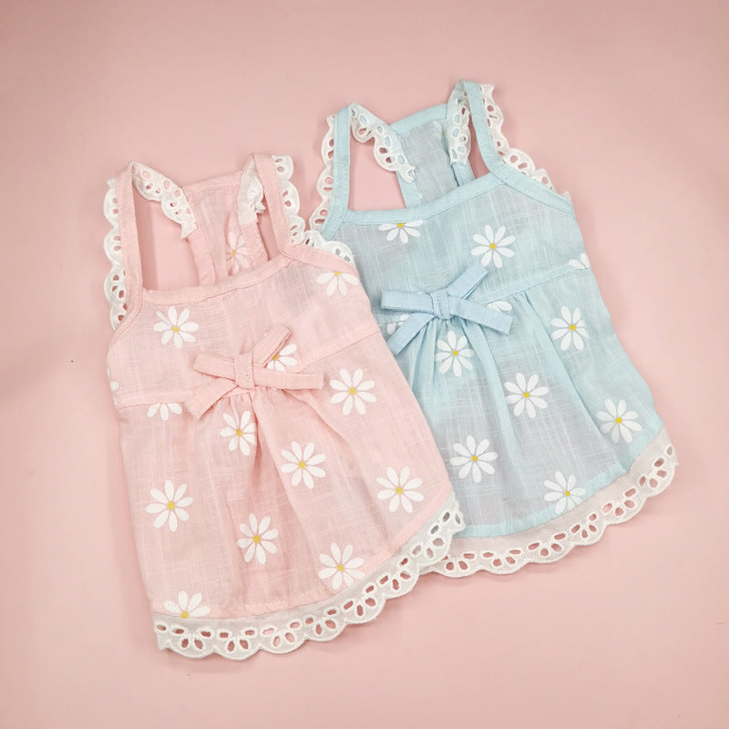 HKM-5211709 Lace Skirt for Dogs and Cats with Blue and Pink Sunflower Print, Cotton Material, Sizes XS-XL