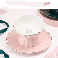 HKM-5217085 Elegant Pink Cat Bowl and Dinner Plate Set in Bone Porcelain for Indoor Use