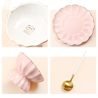 HKM-5217085 Elegant Pink Cat Bowl and Dinner Plate Set in Bone Porcelain for Indoor Use