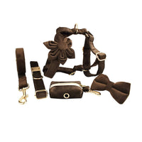 HKM-521811 Velvet Fabric Dog Collar with Leash, Bow, Flower, Vest, and Poop Bag - Adjustable Sizes XS to XL
