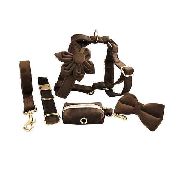 HKM-521811 Velvet Fabric Dog Collar with Leash, Bow, Flower, Vest, and Poop Bag - Adjustable Sizes XS to XL