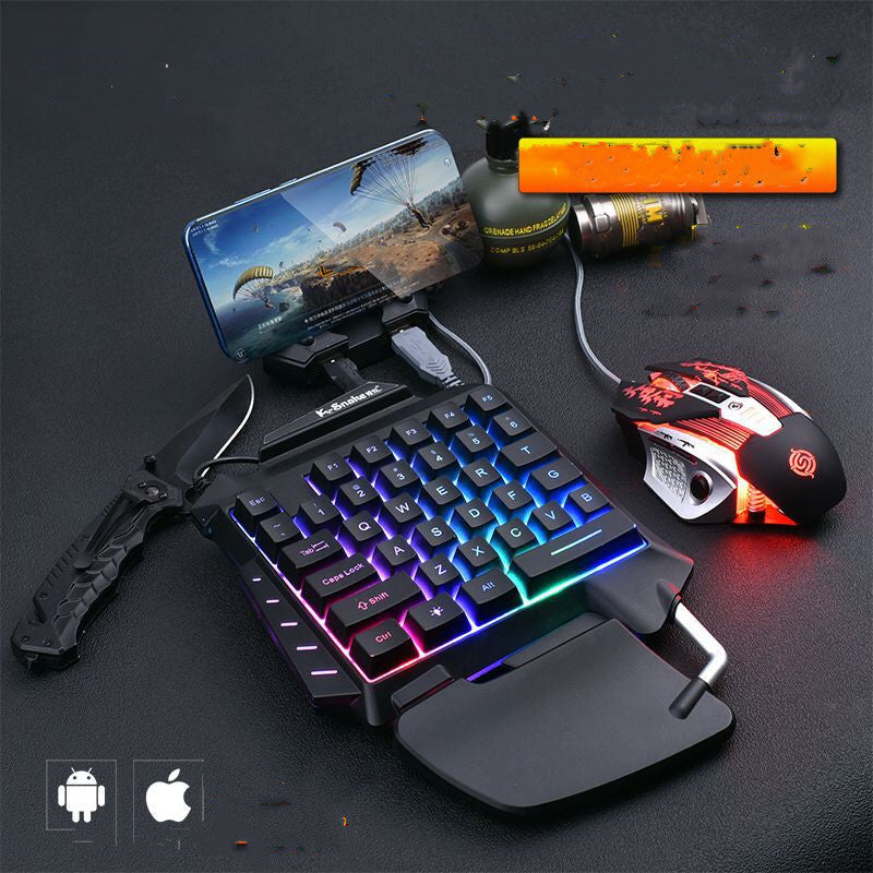 HKM-522259 Colorful Ergonomic One-Handed Gaming Keyboard Set with Three-Color Backlight and Compatible Gaming Mouse Options
