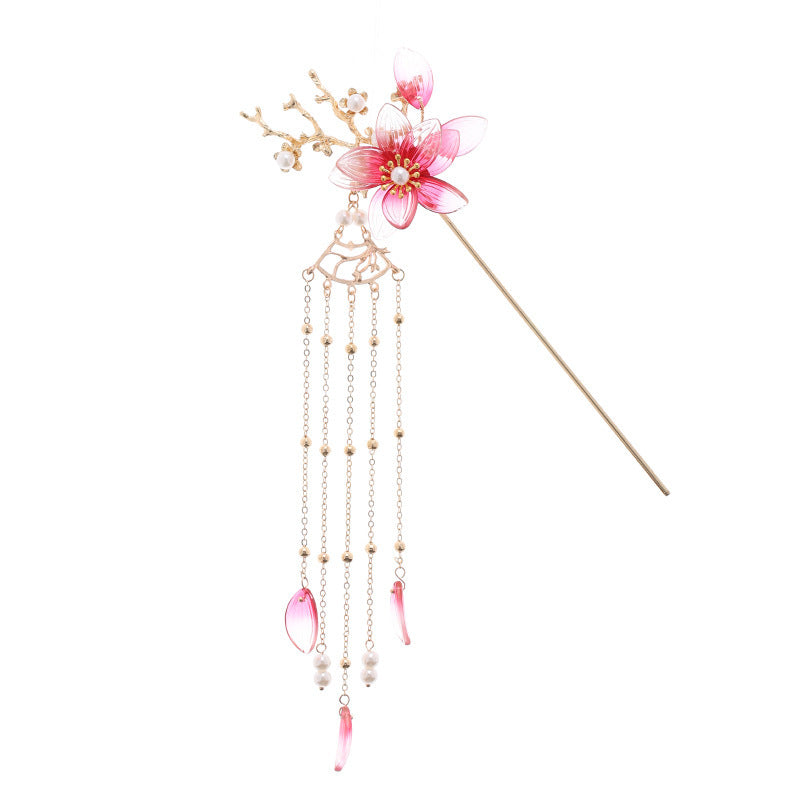 HKM-522515 Vintage Flower Tassel Hairpin with Imitation Jade and Inlaid Pearls