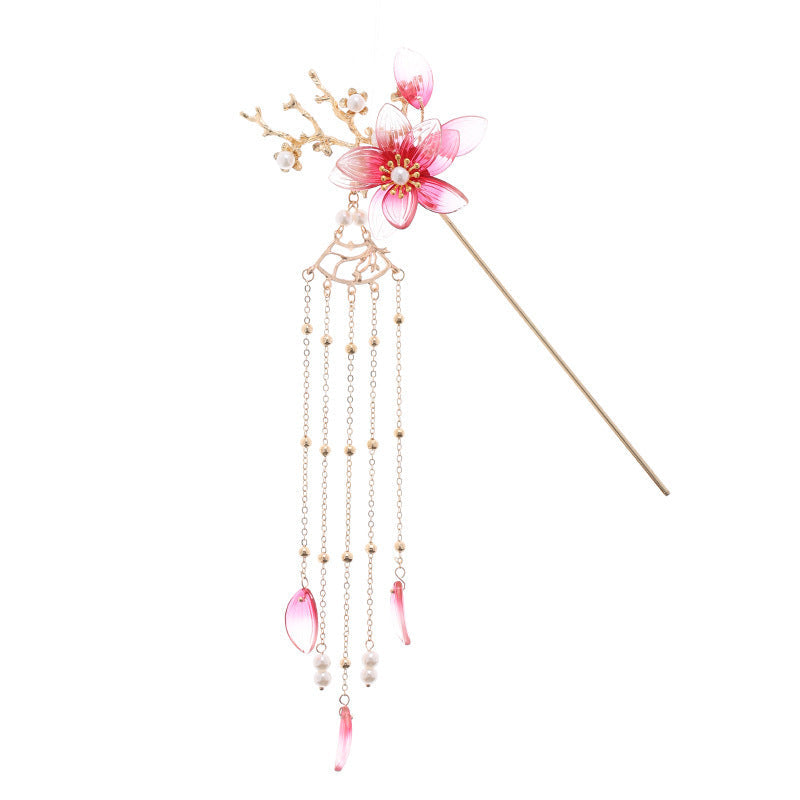 HKM-522515 Vintage Flower Tassel Hairpin with Imitation Jade and Inlaid Pearls