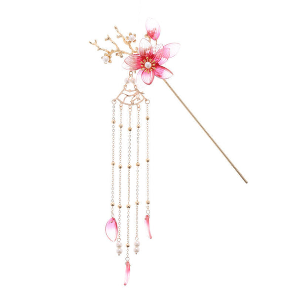 HKM-522515 Vintage Flower Tassel Hairpin with Imitation Jade and Inlaid Pearls