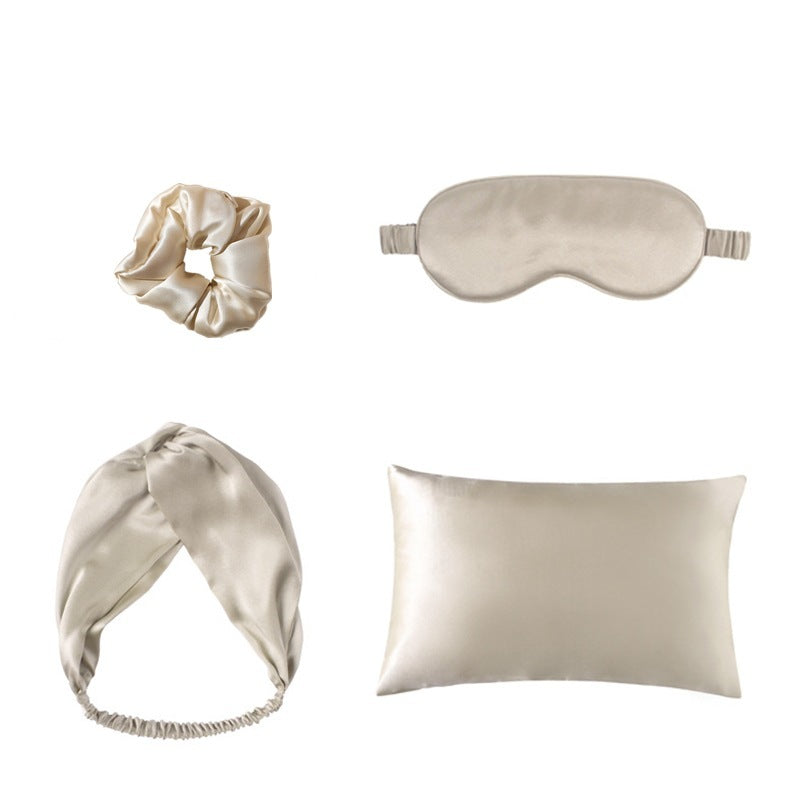 HKM-522771 Double-Sided Silk Eye Mask, Satin Pillowcase, Hair Tie, and Hairband Set - Champagne