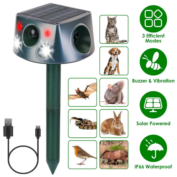 HKM-5228093 Solar Rechargeable Animal Repeller with Ultrasonic, Buzzer, and Vibration Modes - IP66 Waterproof, 2200mAh Battery