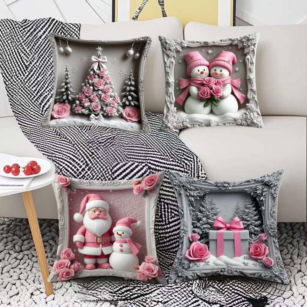 HKM-522835 Christmas Cartoon Elk and Rabbit Decorative Linen Cushion Cover - 45x45cm Size