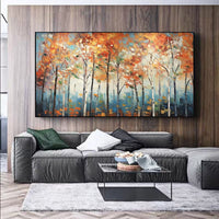 HKM-523027 Handmade Oil Painting on Canvas - Modern Autumn Maple Forest Landscape Art for Home Decor