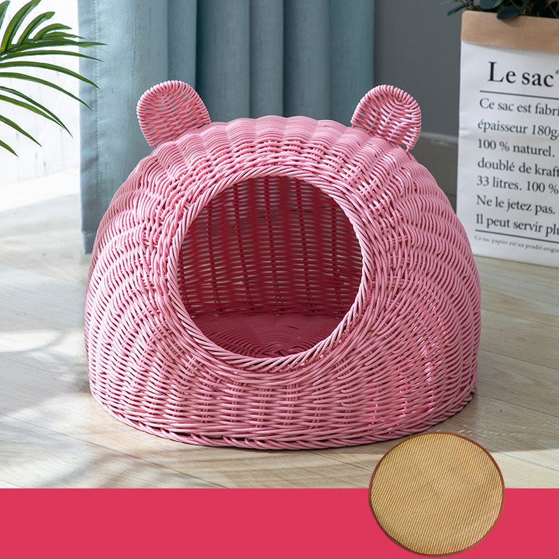 HKM-5230653 Imitation Rattan Semi-enclosed Cat Kennel with Cooler Mat Options