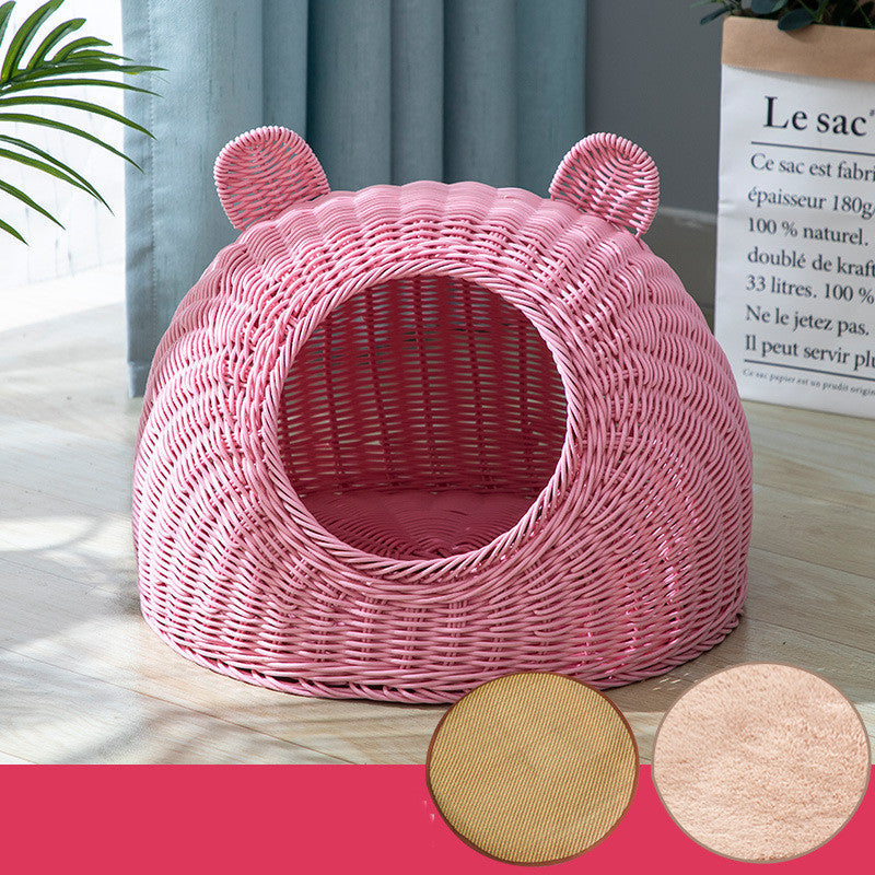 HKM-5230653 Imitation Rattan Semi-enclosed Cat Kennel with Cooler Mat Options
