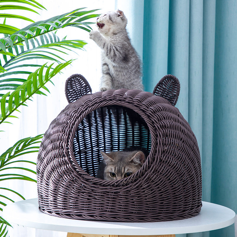 HKM-5230653 Imitation Rattan Semi-enclosed Cat Kennel with Cooler Mat Options