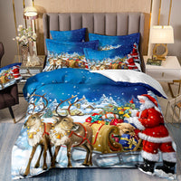 HKM-523091 Digital Printed Three-Piece Christmas Bedding Set with Santa Claus, Christmas Tree, and Snowman