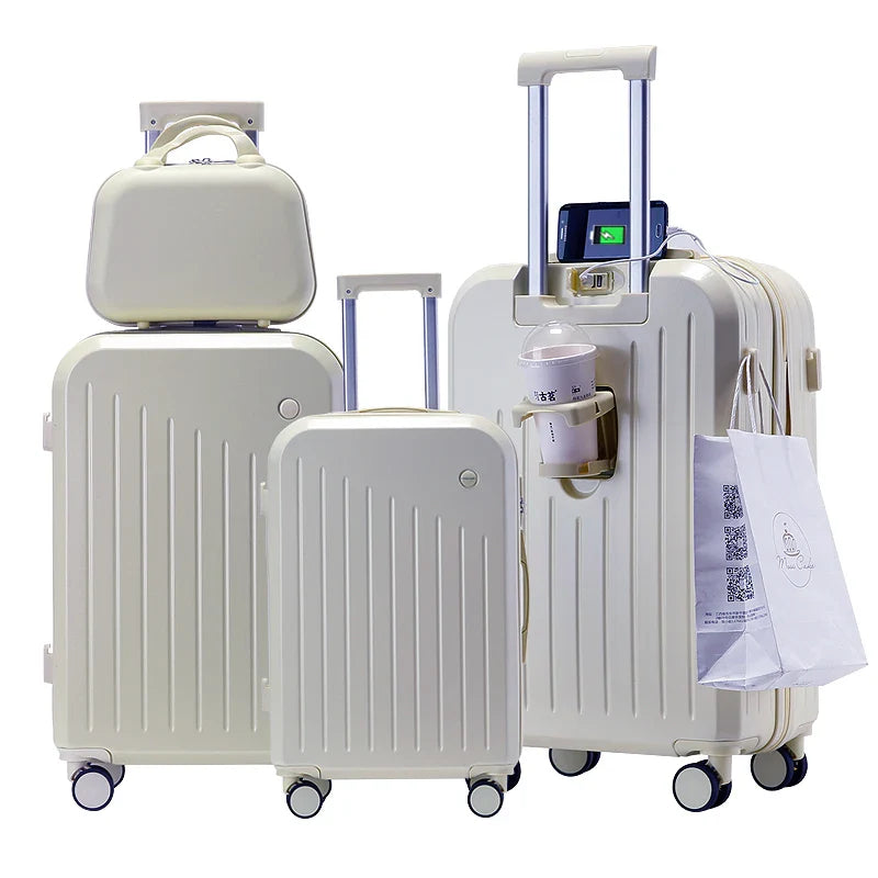 HKM-523475 Expandable 4-Piece Trolley Luggage Set - 20", 24", 28" Suitcases with Wheels and Matching Bag