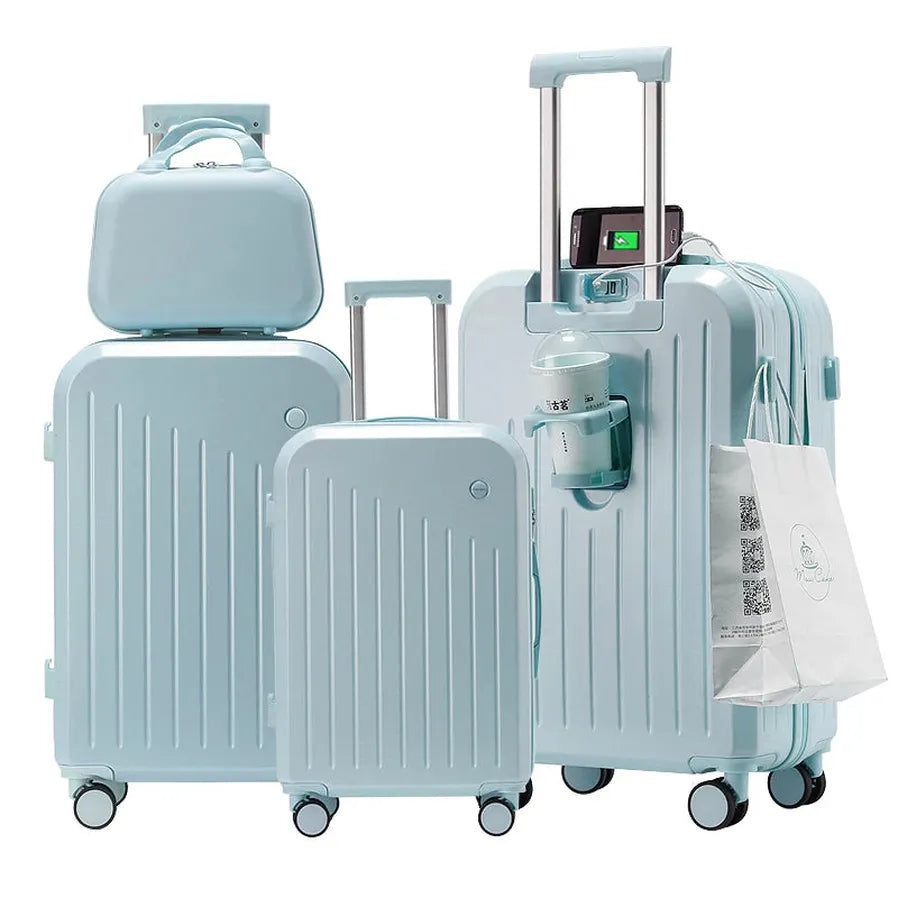 HKM-523475 Expandable 4-Piece Trolley Luggage Set - 20", 24", 28" Suitcases with Wheels and Matching Bag
