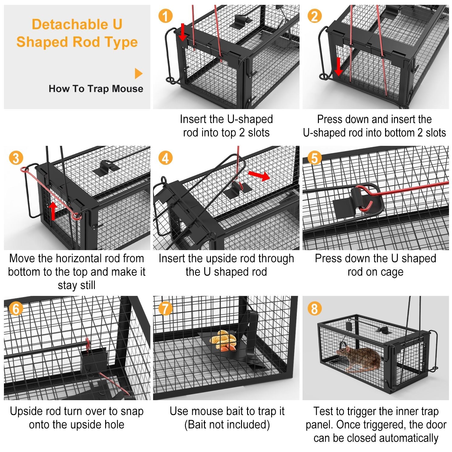 HKM-5236029 Humane Live Rodent Trap Cage - 2 Pack Galvanized Iron Design for Mice Control with Detachable U Shaped Rod