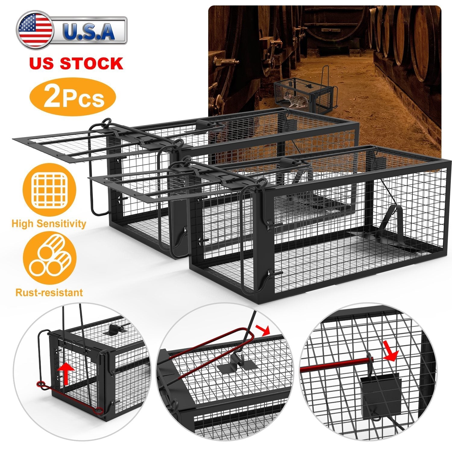 HKM-5236029 Humane Live Rodent Trap Cage - 2 Pack Galvanized Iron Design for Mice Control with Detachable U Shaped Rod