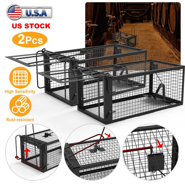 HKM-5236029 Humane Live Rodent Trap Cage - 2 Pack Galvanized Iron Design for Mice Control with Detachable U Shaped Rod