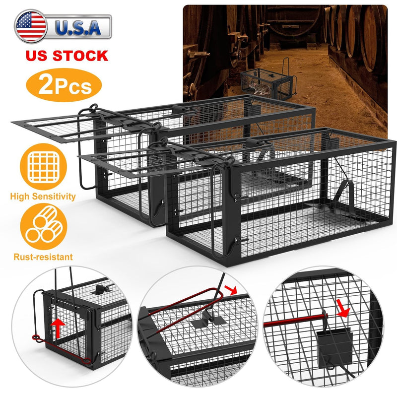 HKM-5236029 Humane Live Rodent Trap Cage - 2 Pack Galvanized Iron Design for Mice Control with Detachable U Shaped Rod