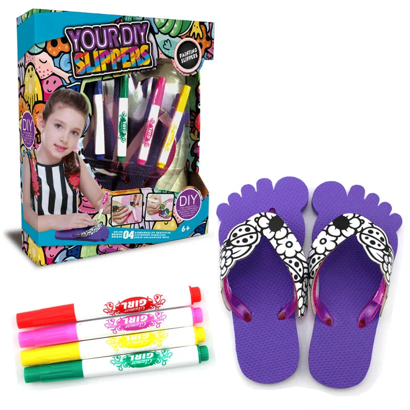 HKM-523667 DIY Colorful Doodle Slippers for Kids - Creative Drawing and Coloring Toy Set