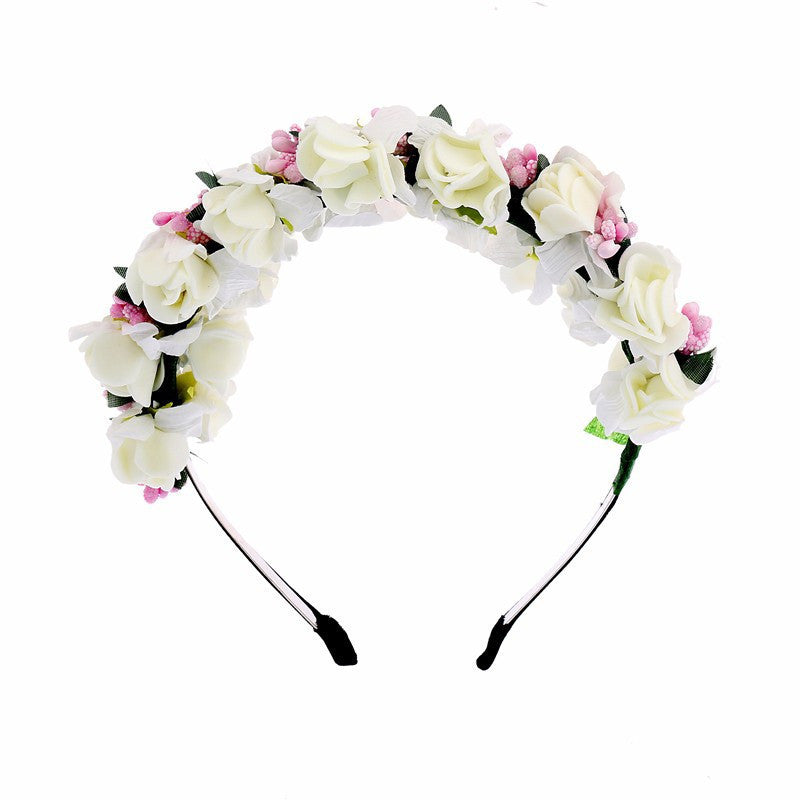 HKM-523667 Double Strawberry Floral Crown Wreath for Women, Handmade Foam Hair Tie in White and Pink