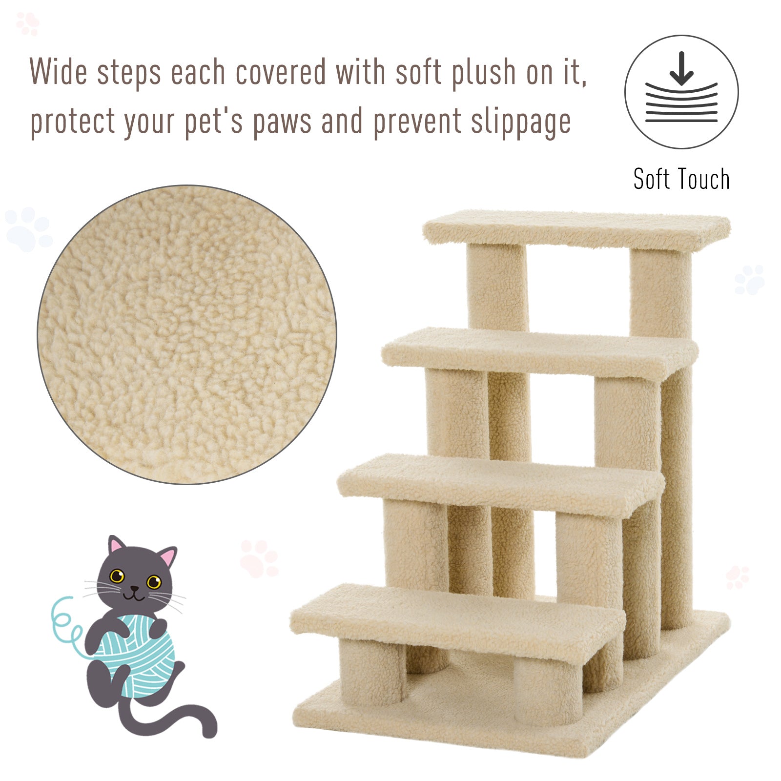 HKM-5241405 4-Step Multi-Level Carpeted Cat Scratching Post and Pet Stairs for Senior and Recovering Cats