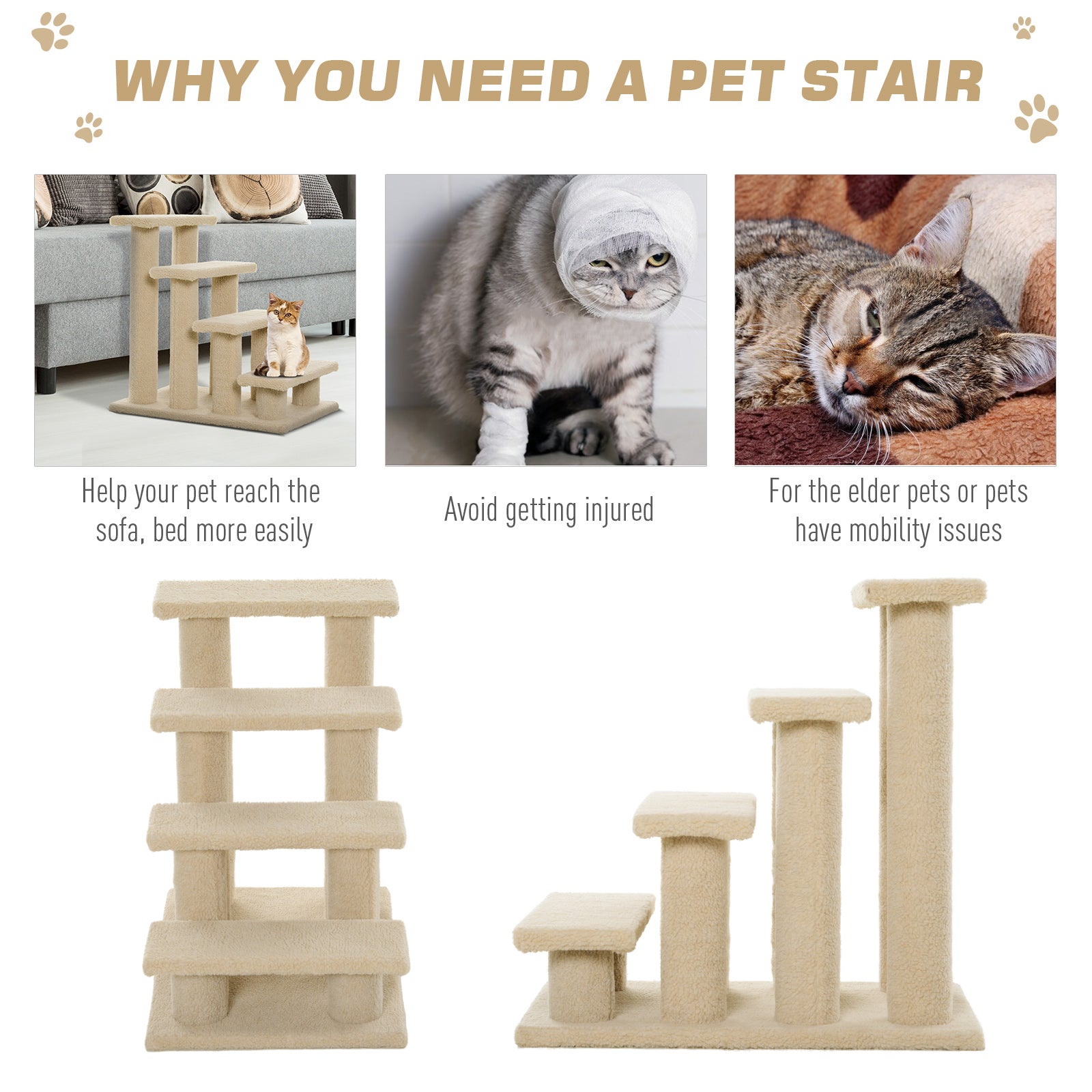 HKM-5241405 4-Step Multi-Level Carpeted Cat Scratching Post and Pet Stairs for Senior and Recovering Cats