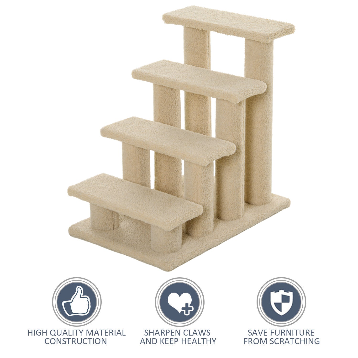 HKM-5241405 4-Step Multi-Level Carpeted Cat Scratching Post and Pet Stairs for Senior and Recovering Cats