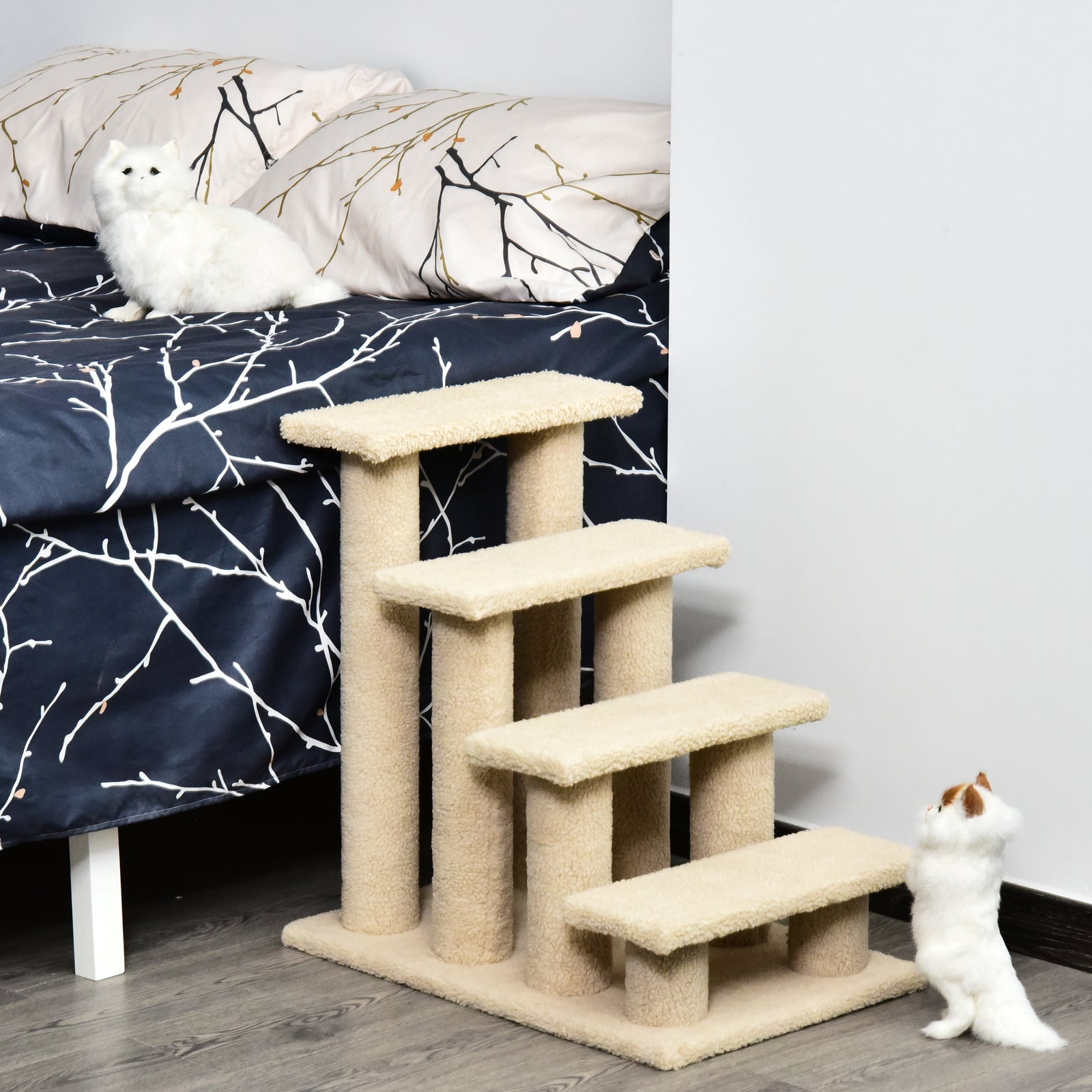 HKM-5241405 4-Step Multi-Level Carpeted Cat Scratching Post and Pet Stairs for Senior and Recovering Cats