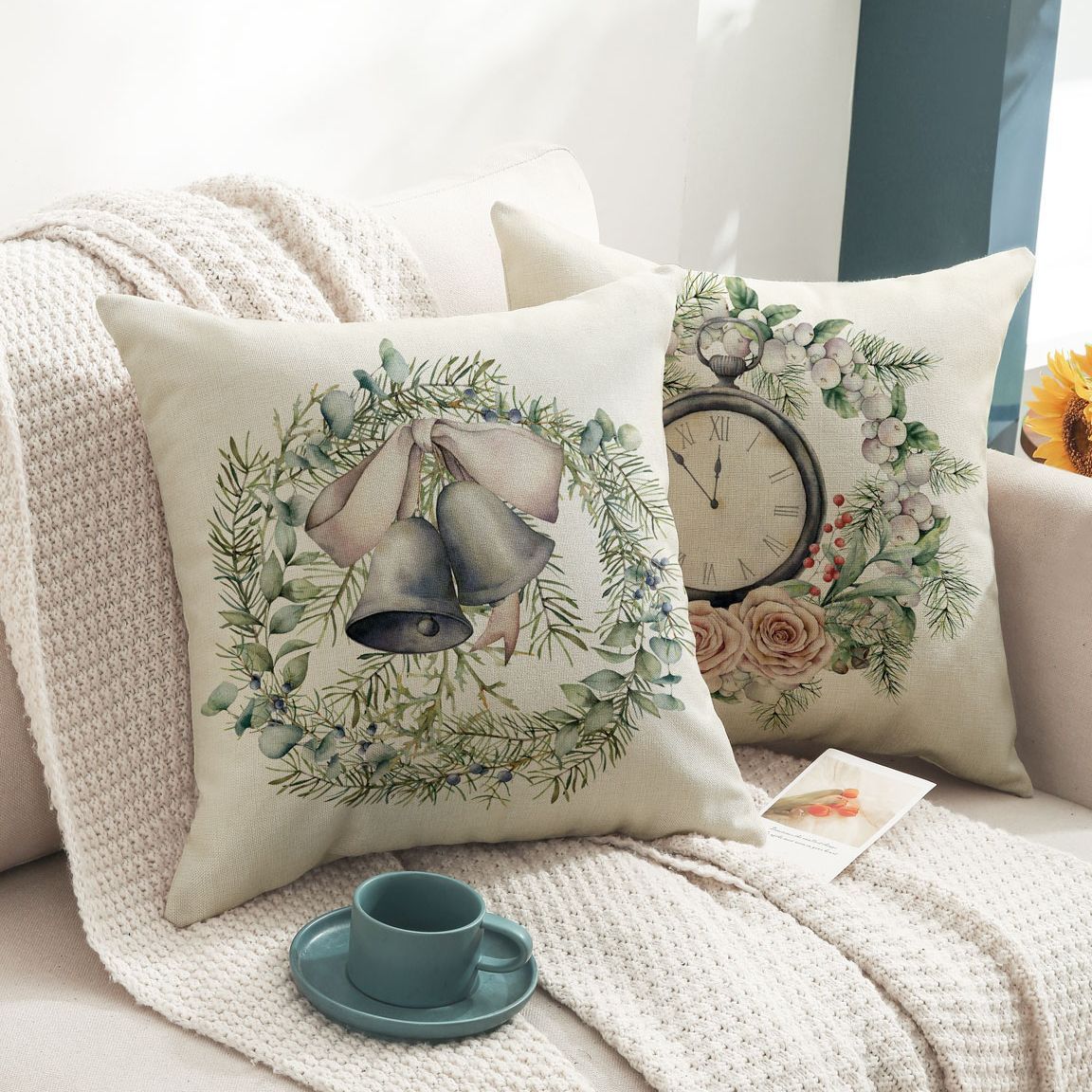 HKM-524307 Linen Christmas Gift Wreath Throw Pillow Cover, 45x45cm, Nordic Style