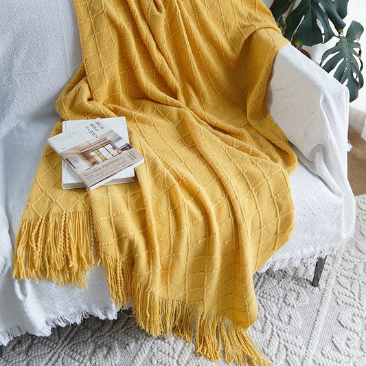 HKM-524563 Nordic Solid Color Diamond Jacquard Knitted Wool Blanket for Spring and Autumn Decor