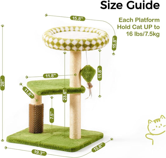 HKM-5247165 Multi-Level Cat Tree with Removable Perch, Self-Grooming Brush, and Interactive Toys for Indoor Cats - Green