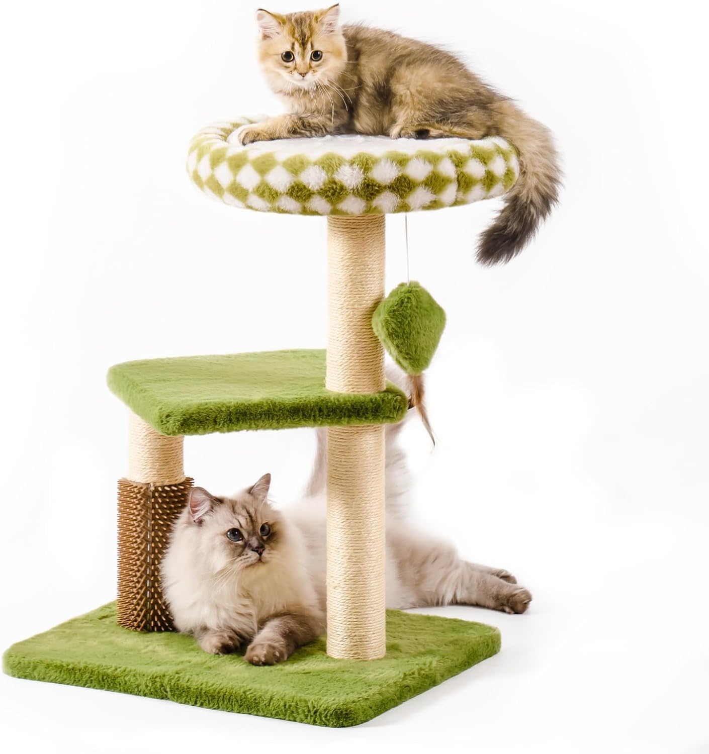 HKM-5247165 Multi-Level Cat Tree with Removable Perch, Self-Grooming Brush, and Interactive Toys for Indoor Cats - Green