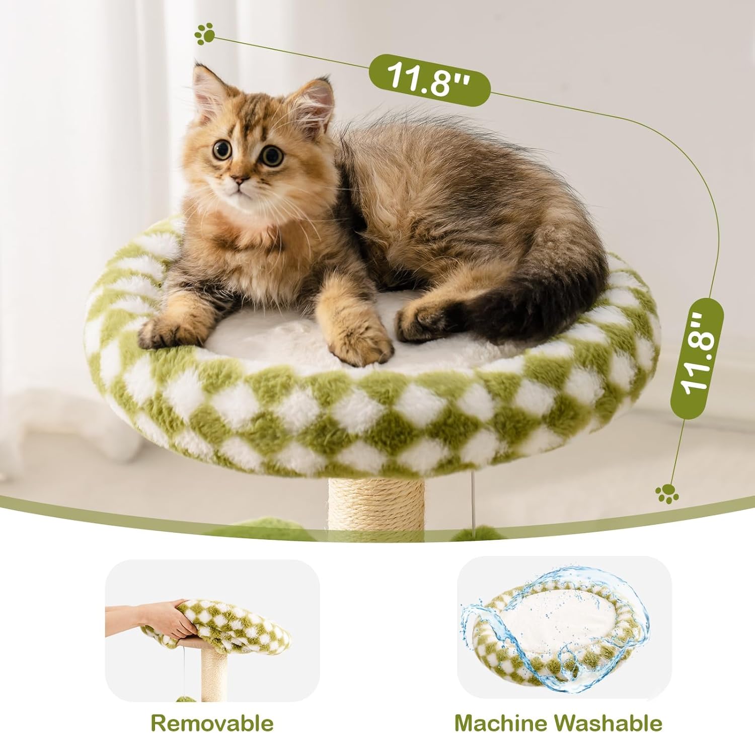 HKM-5247165 Multi-Level Cat Tree with Removable Perch, Self-Grooming Brush, and Interactive Toys for Indoor Cats - Green