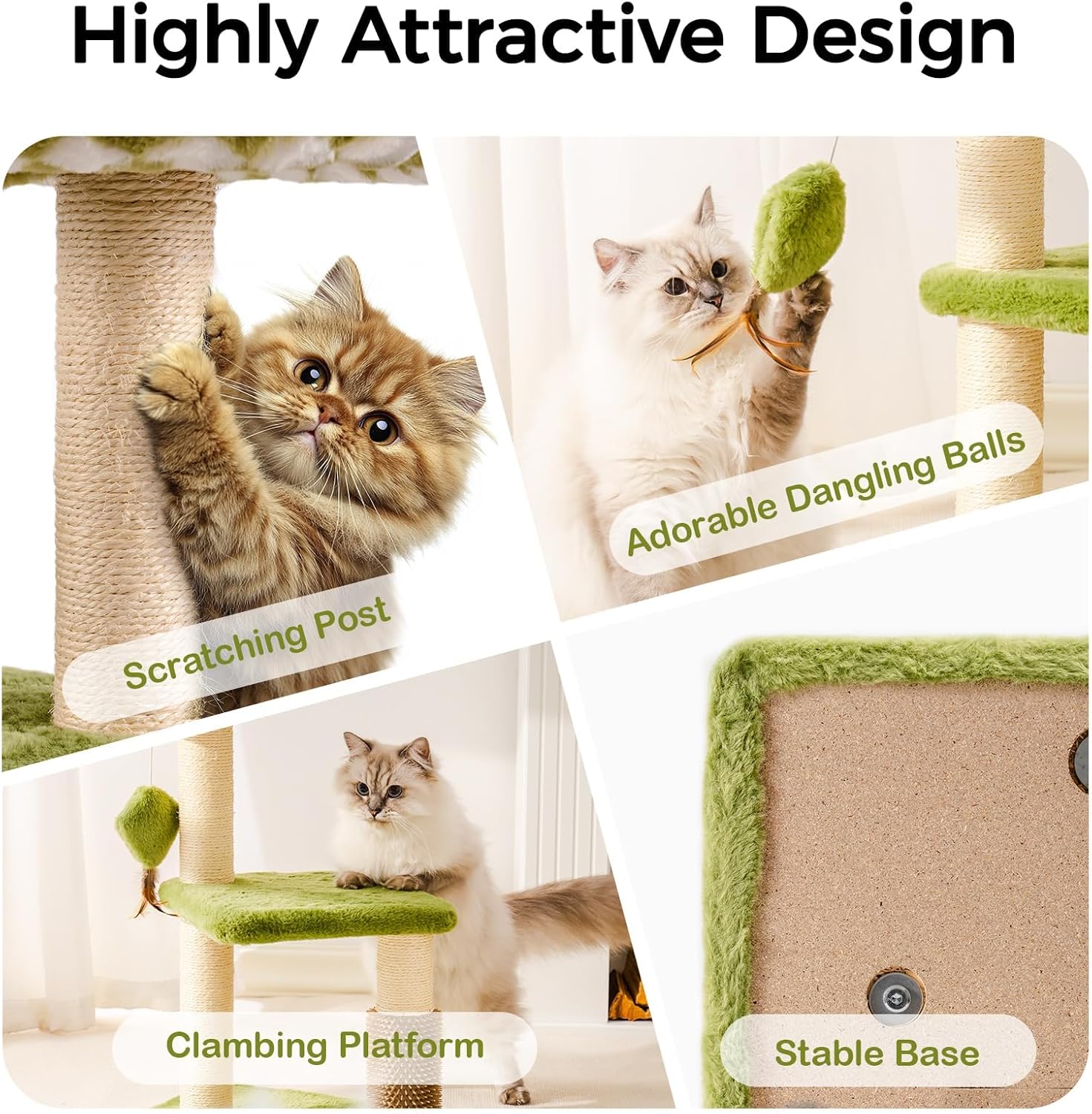 HKM-5247165 Multi-Level Cat Tree with Removable Perch, Self-Grooming Brush, and Interactive Toys for Indoor Cats - Green