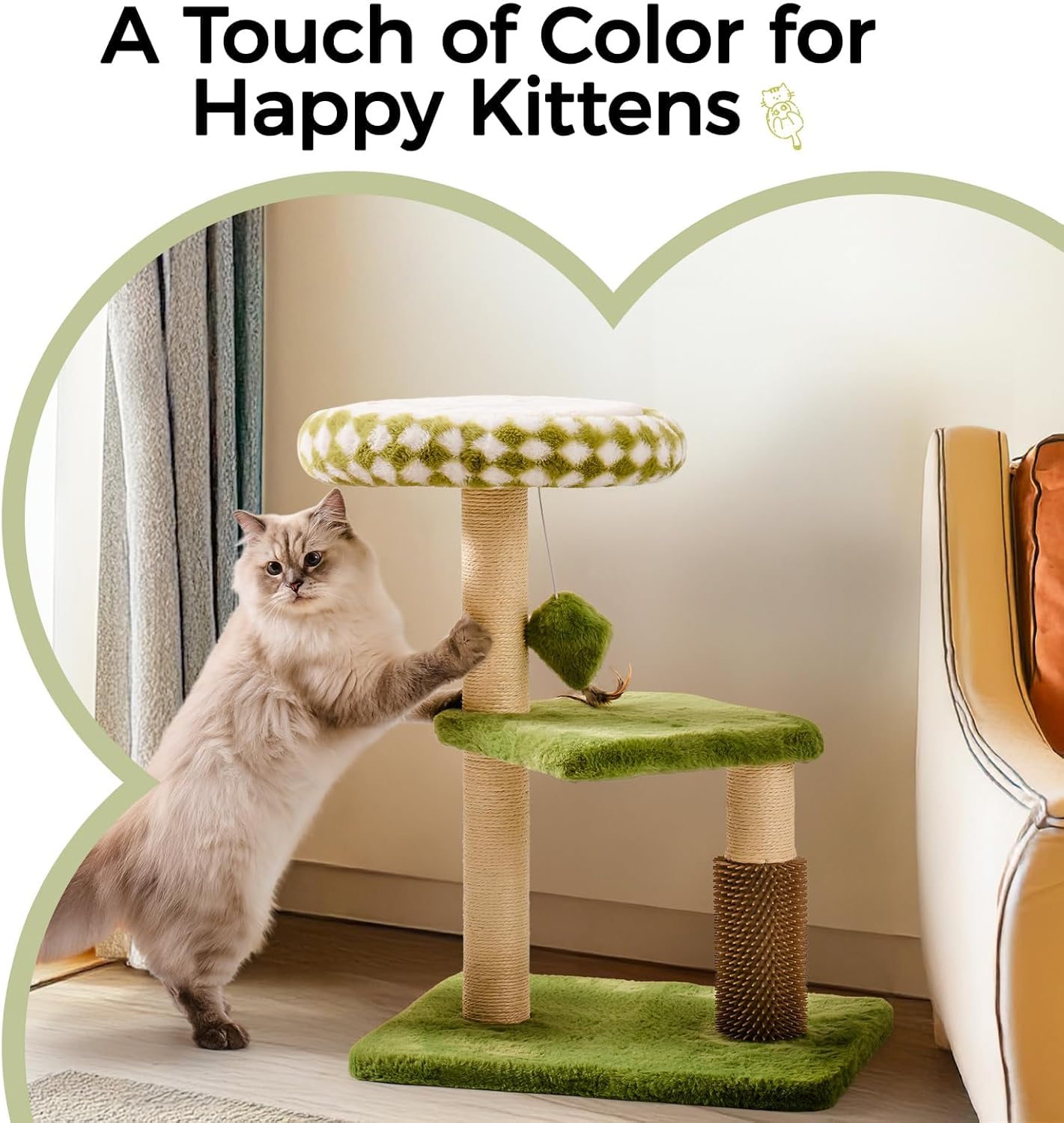 HKM-5247165 Multi-Level Cat Tree with Removable Perch, Self-Grooming Brush, and Interactive Toys for Indoor Cats - Green