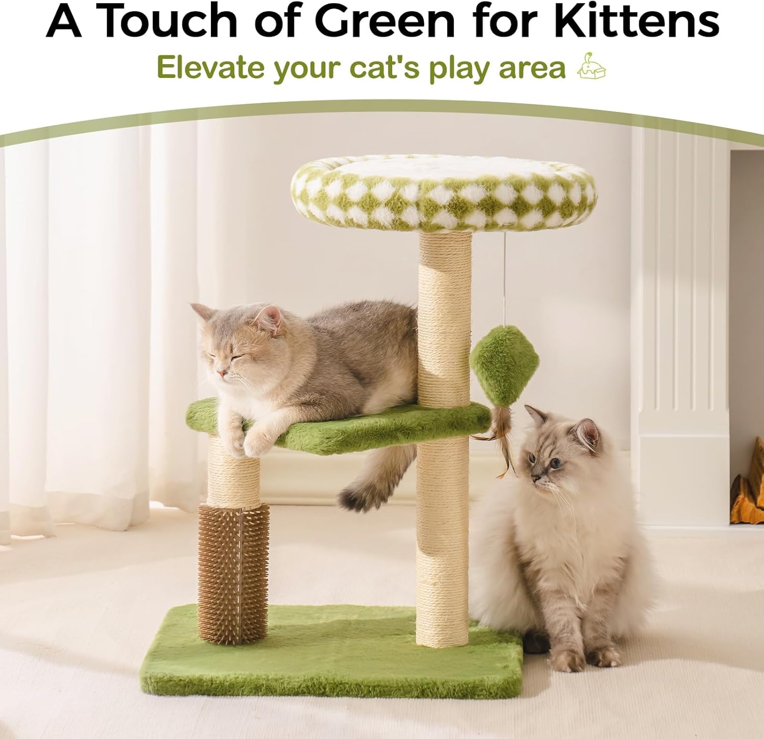 HKM-5247165 Multi-Level Cat Tree with Removable Perch, Self-Grooming Brush, and Interactive Toys for Indoor Cats - Green