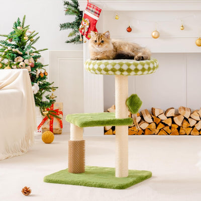 HKM-5247165 Multi-Level Cat Tree with Removable Perch, Self-Grooming Brush, and Interactive Toys for Indoor Cats - Green