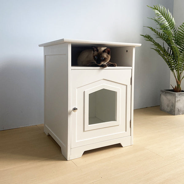 HKM-5247549 Cat Nest Cupboard in White, Orange, Red, Milky White, and Log Color+White Wood Finish