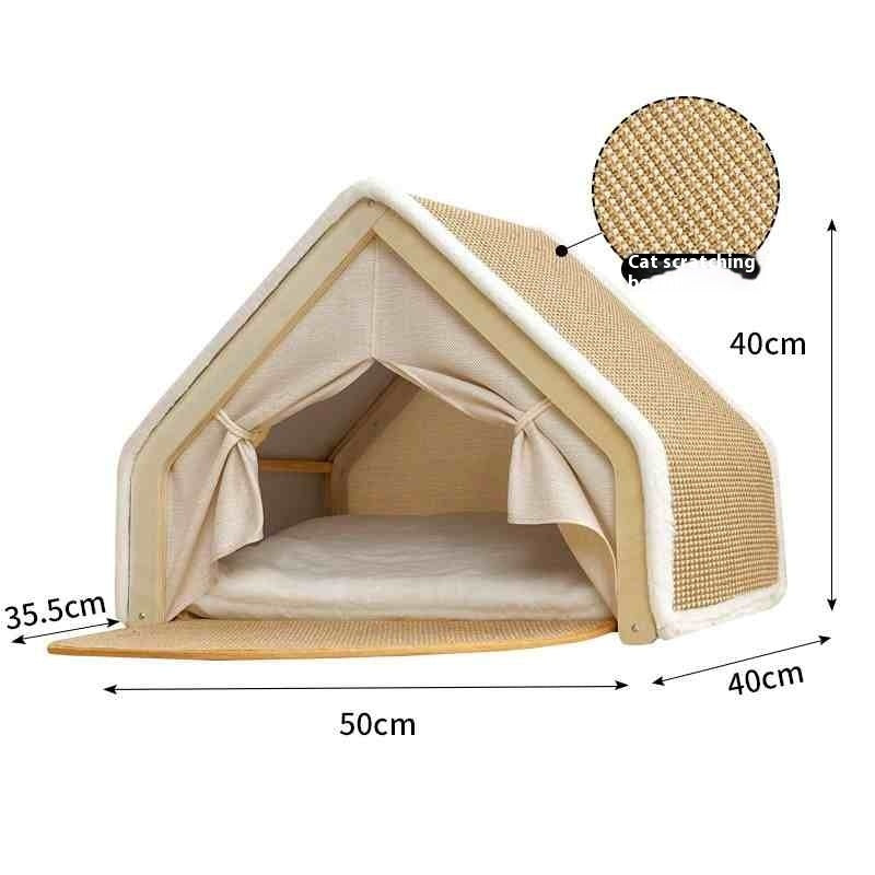 HKM-5247933 Durable Wood Cat Tent with Scratch Board - Plus-Sized Design for Comfort