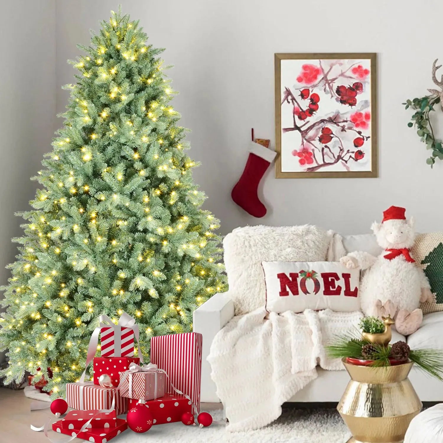 HKM-525843 8ft Blue-Green PE/PVC Mixed Artificial Christmas Tree with LED Lights