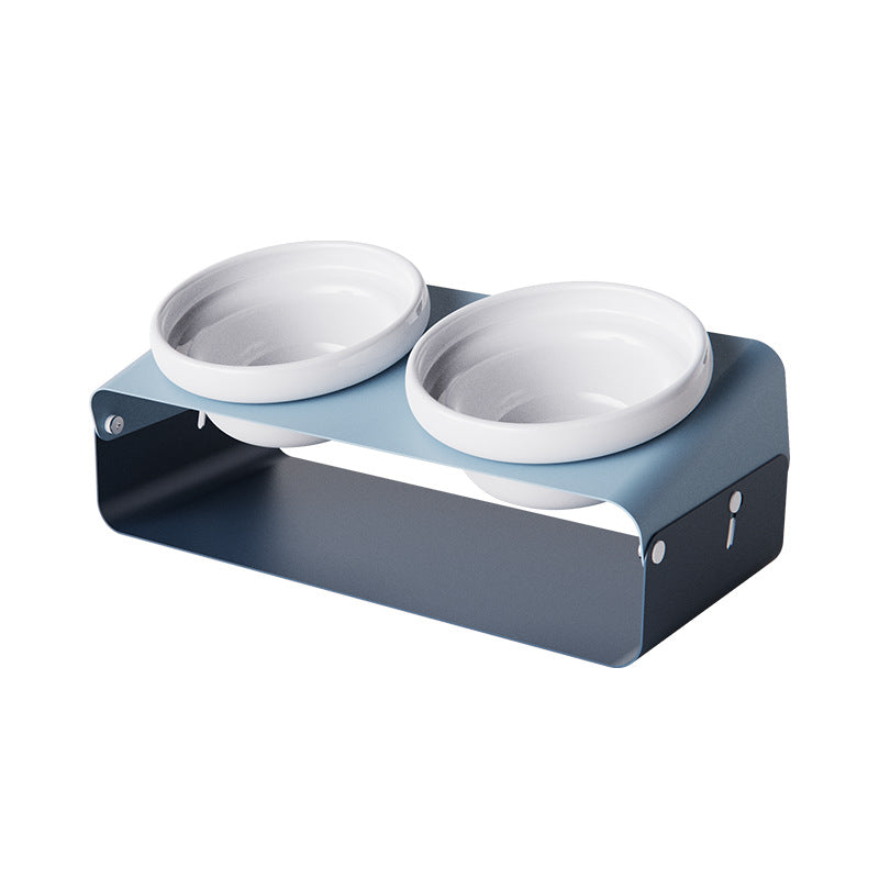 HKM-5259581 Ceramic Anti-Spill Double Bowl with Slanting Design and Iron Stand
