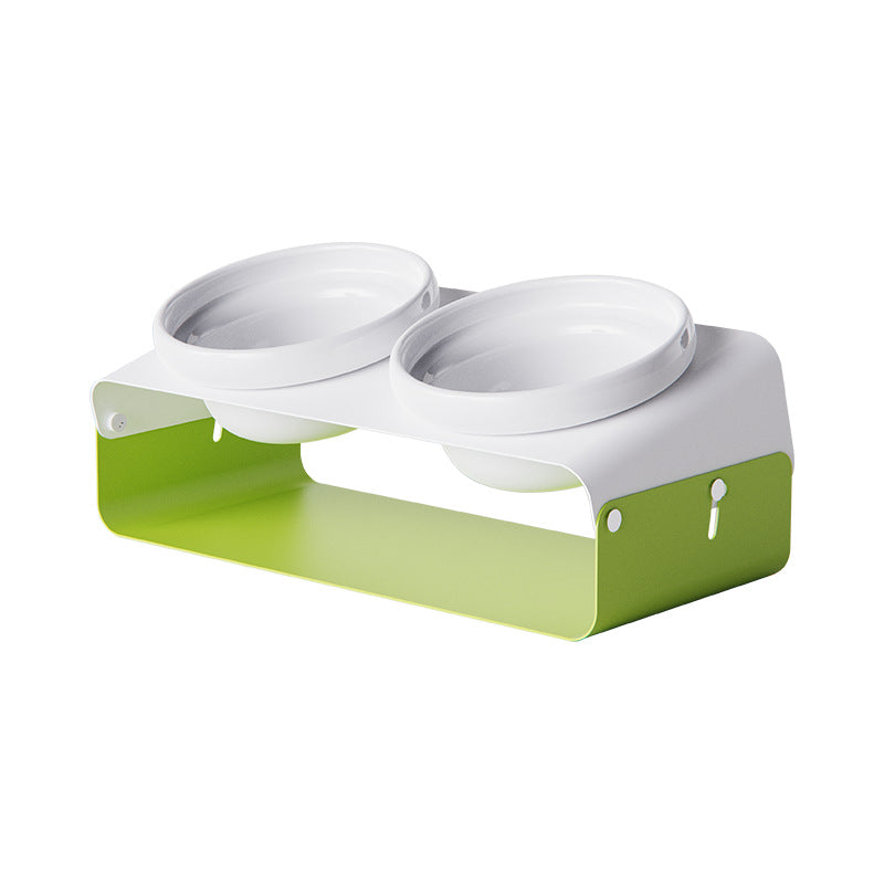 HKM-5259581 Ceramic Anti-Spill Double Bowl with Slanting Design and Iron Stand