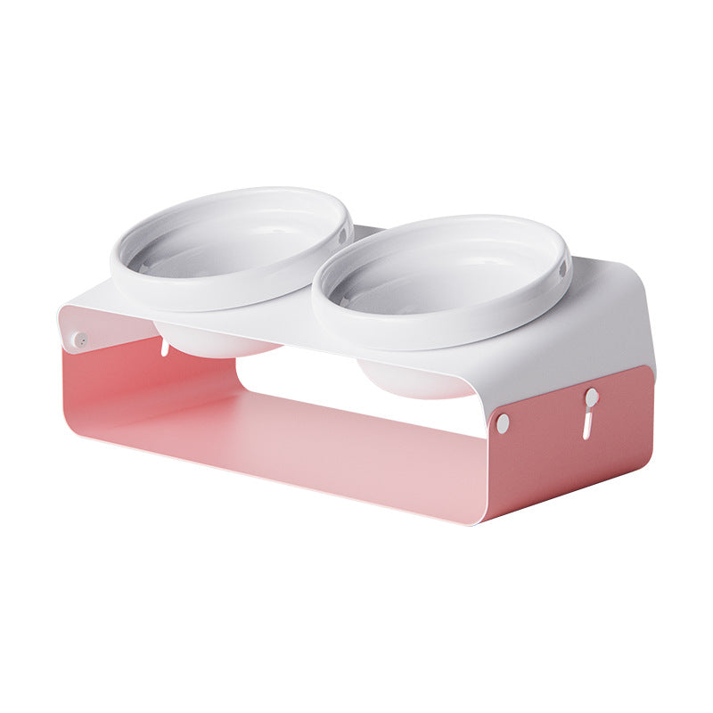HKM-5259581 Ceramic Anti-Spill Double Bowl with Slanting Design and Iron Stand