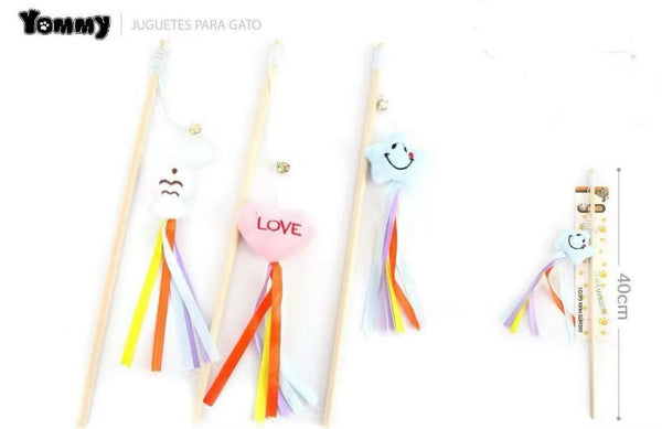 HKM-5260221 Cat Teaser with Wooden Pole and Doll Ribbon for Playtime Fun