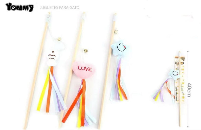 HKM-5260221 Cat Teaser with Wooden Pole and Doll Ribbon for Playtime Fun