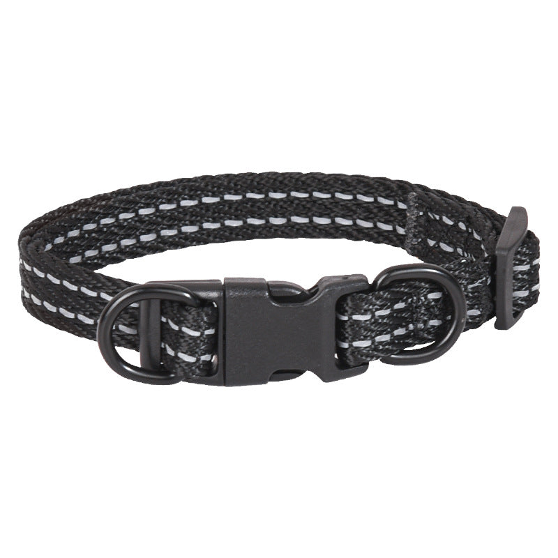 HKM-5272893 Reflective Nylon Dog Collar with Double D Ring Release in Blue, Black, Khaki, and Gray