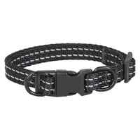HKM-5272893 Reflective Nylon Dog Collar with Double D Ring Release in Blue, Black, Khaki, and Gray