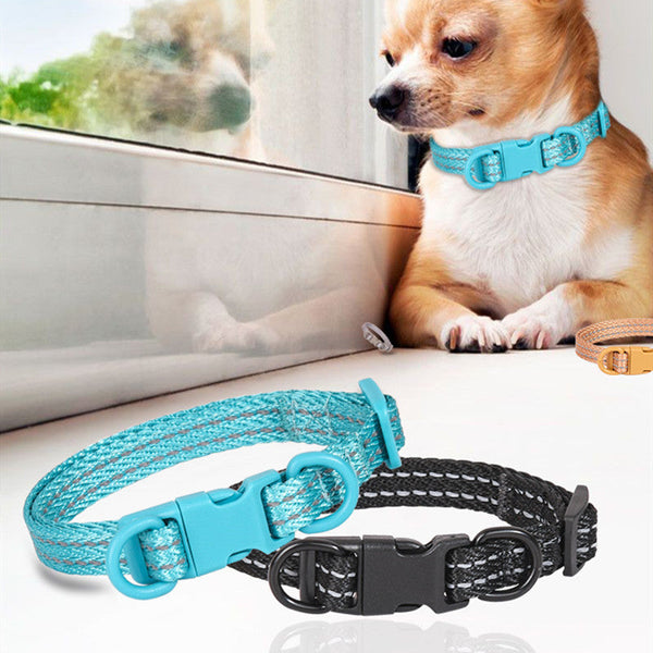 HKM-5272893 Reflective Nylon Dog Collar with Double D Ring Release in Blue, Black, Khaki, and Gray